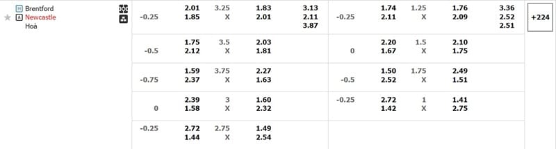 Bảng tỷ lệ kèo kèo trận đấu giữa Brentford và Newcastle United